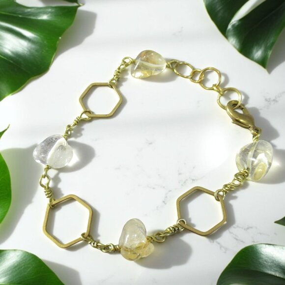 Golden Citrine Bracelet, Geometric Hexagon Chain - Picture 1 of 5